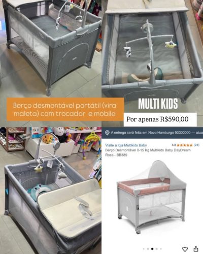 Berço Desmontável Portátil Multikids (Vira maleta) com trocador e Móbile