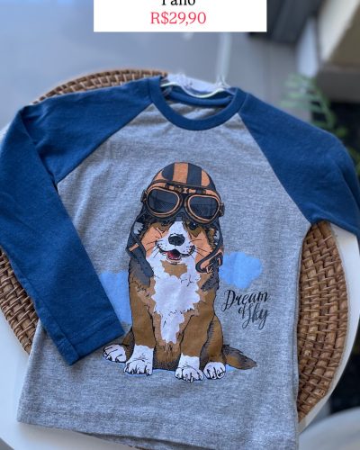 Camiseta Manga Longa Azul e Cinza Tamanho 1