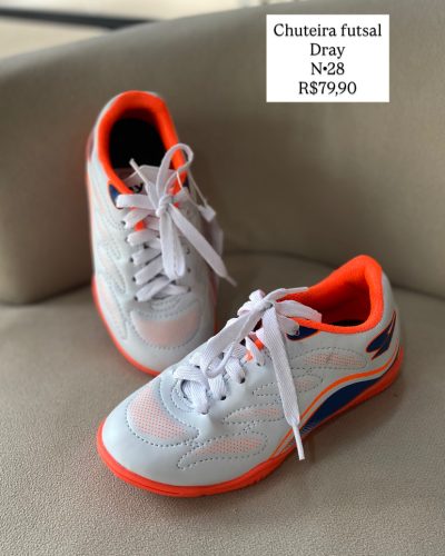 Chuteira Futsal Dray Branca-Laranja Tamanho 28
